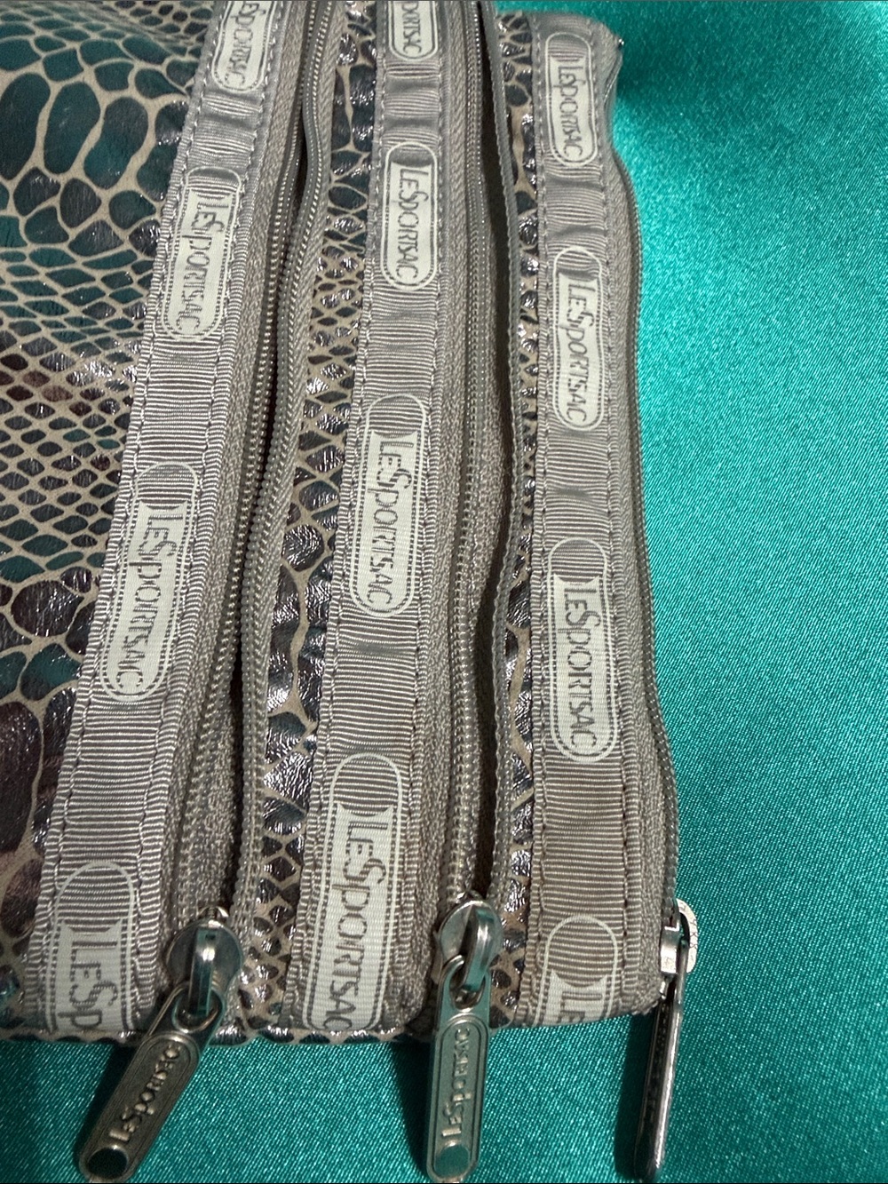 Lesportsac Taupe Metallic Snake-Print Triple Zip Pouch - Picture 3 of 7